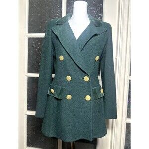 St. John Knit Emerald Green Gold Buttons Velvet Lapel Double Breasted Jacket 4